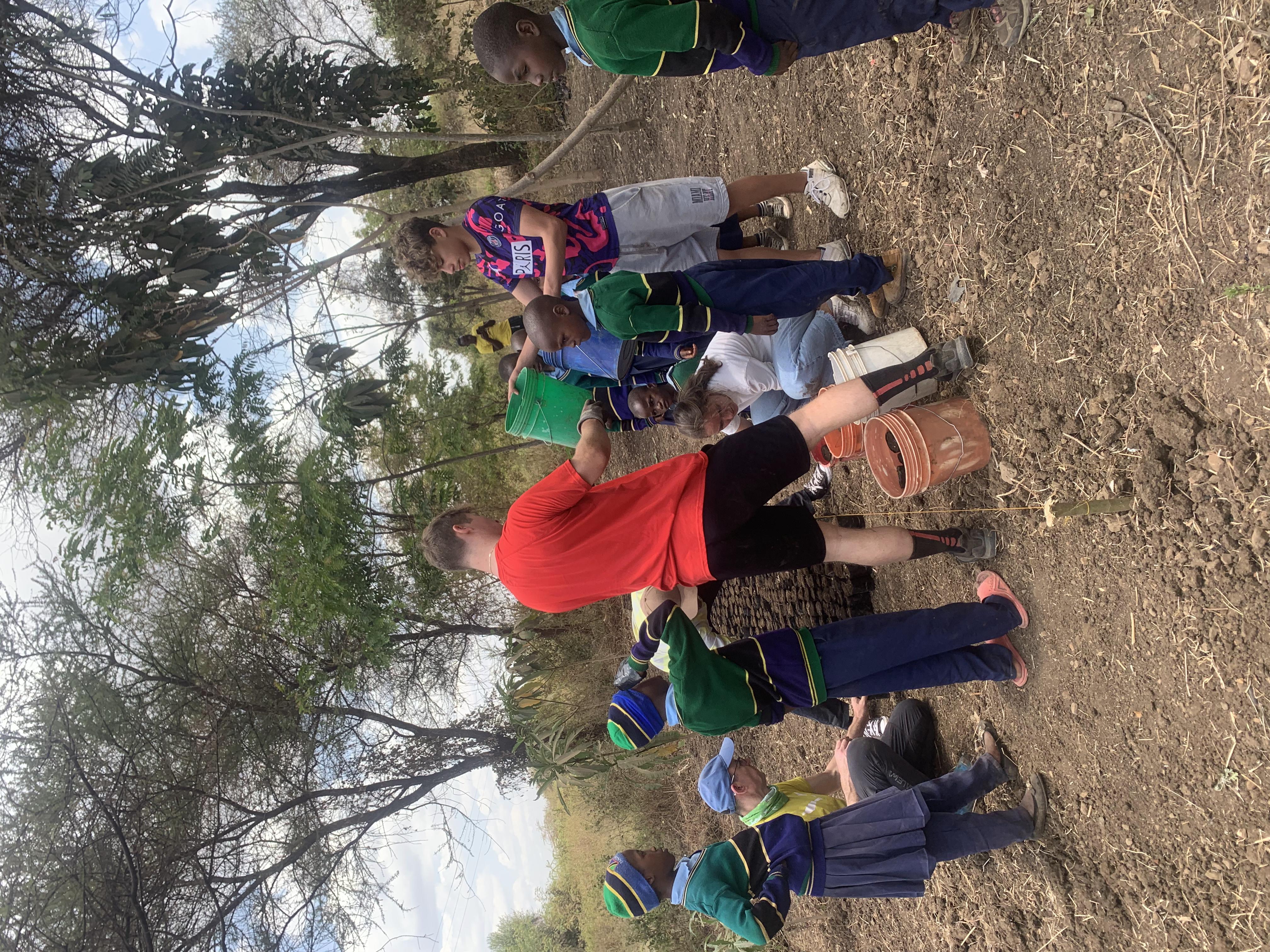 Students and volunteers working hands-on with seedlings
